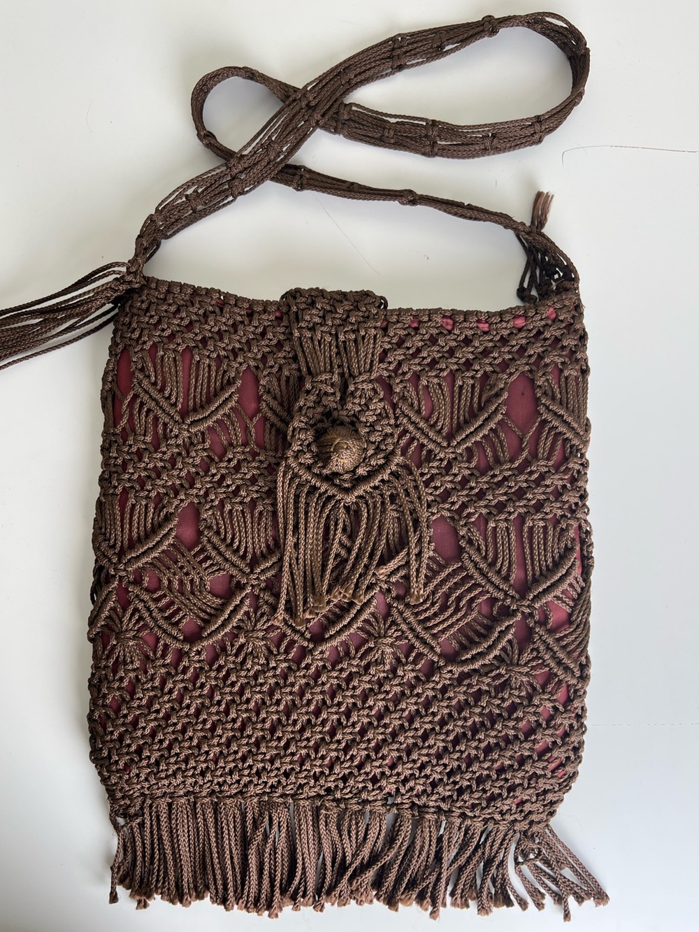 Bohemian Macrame Fringe Shoulder Bag Brown Crochet Festival Hippie Purse